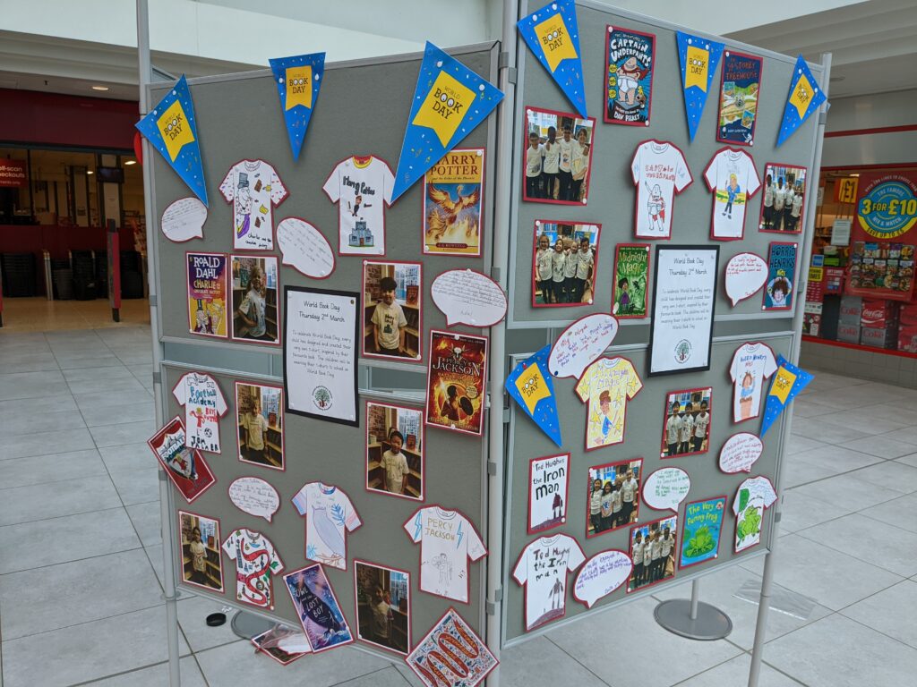 display of t-shirt designs for world book day from local primary school